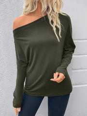 Single Shoulder Long Sleeve T-Shirt Dark Green - Fashorio