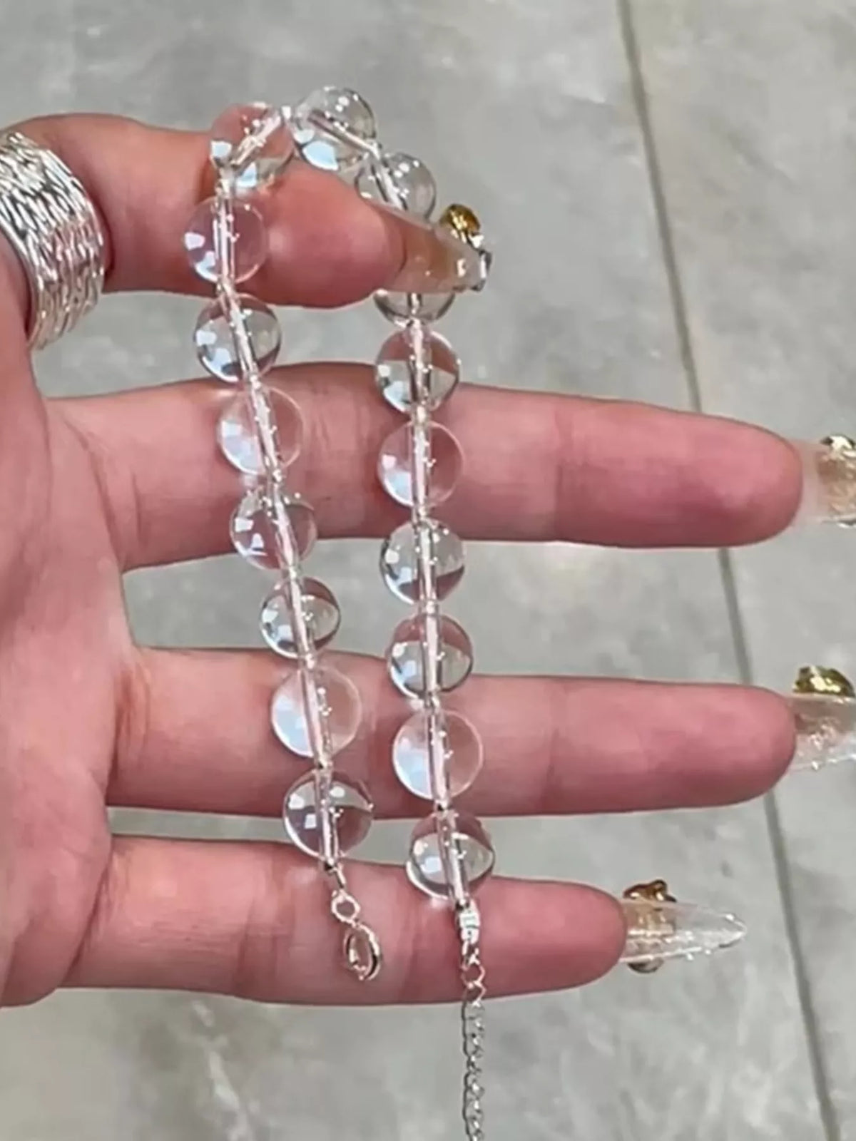 Faceted crystal bead sterling silver bracelet close up