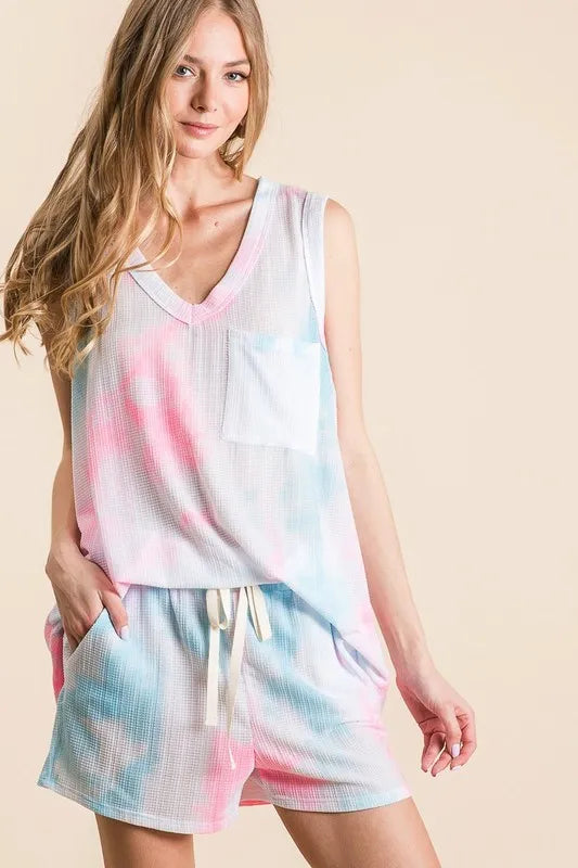 BiBi Tie Dye Textured Knit Top and Shorts Set - Fashorio