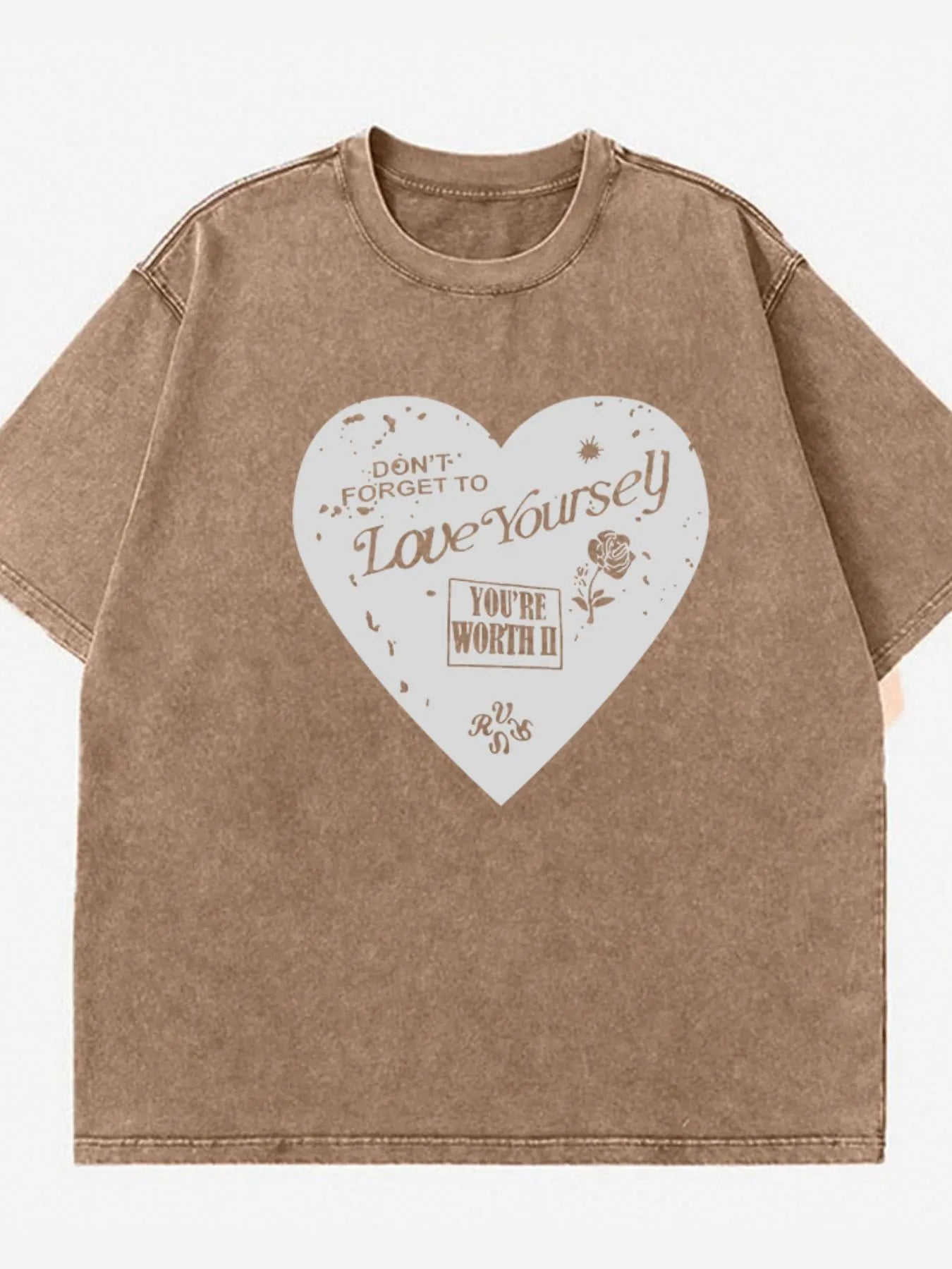 Heart Round Neck Short Sleeve T-Shirt Brown - Fashorio