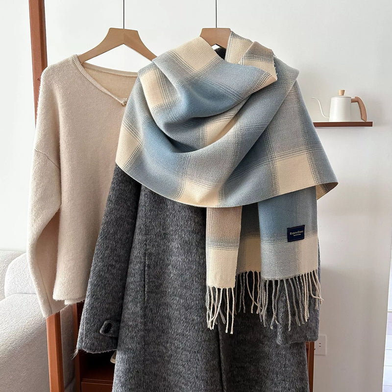 Plaid fringe scarf shown in a soft blue check