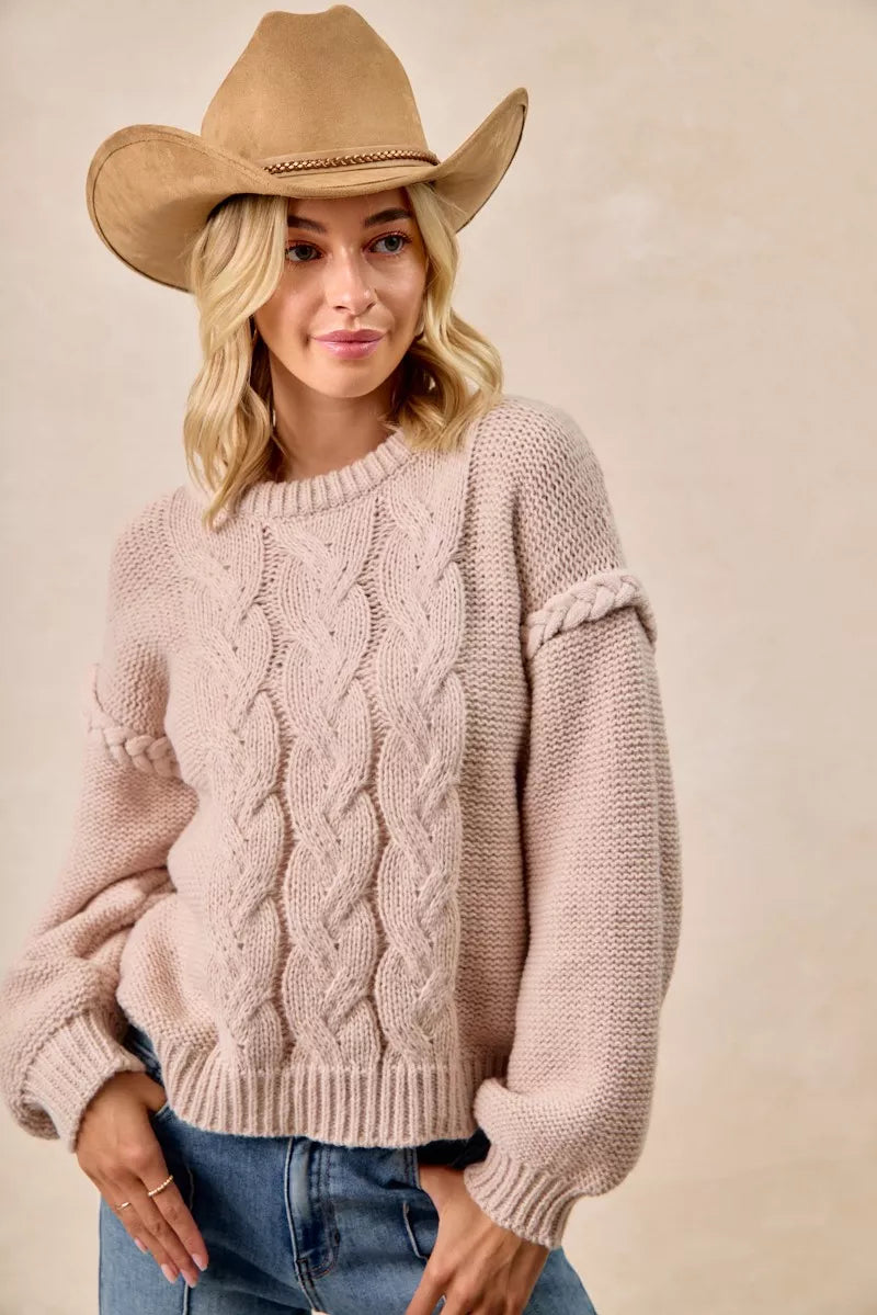 Cable Knit Sweater with Shoulder Braid in Mocha side view