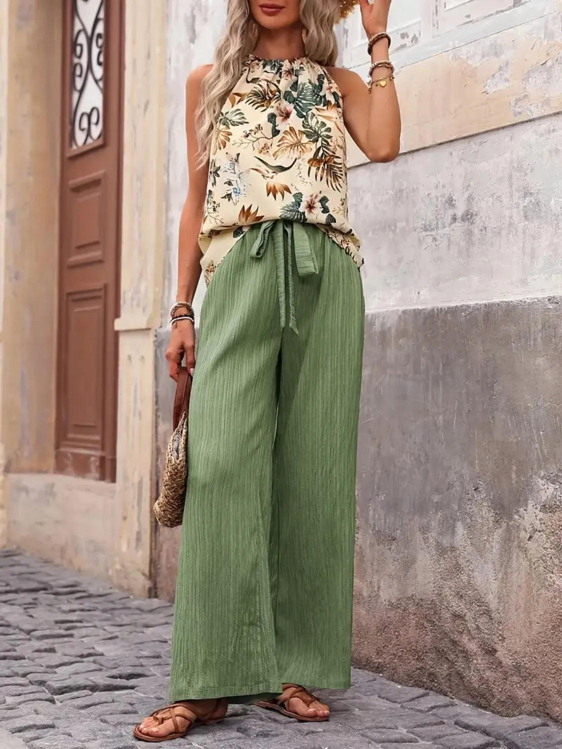 Printed Tank Top and Wide Leg Pants Set - Fashorio
