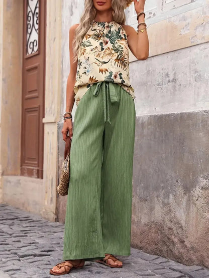 Printed Tank Top and Wide Leg Pants Set - Fashorio