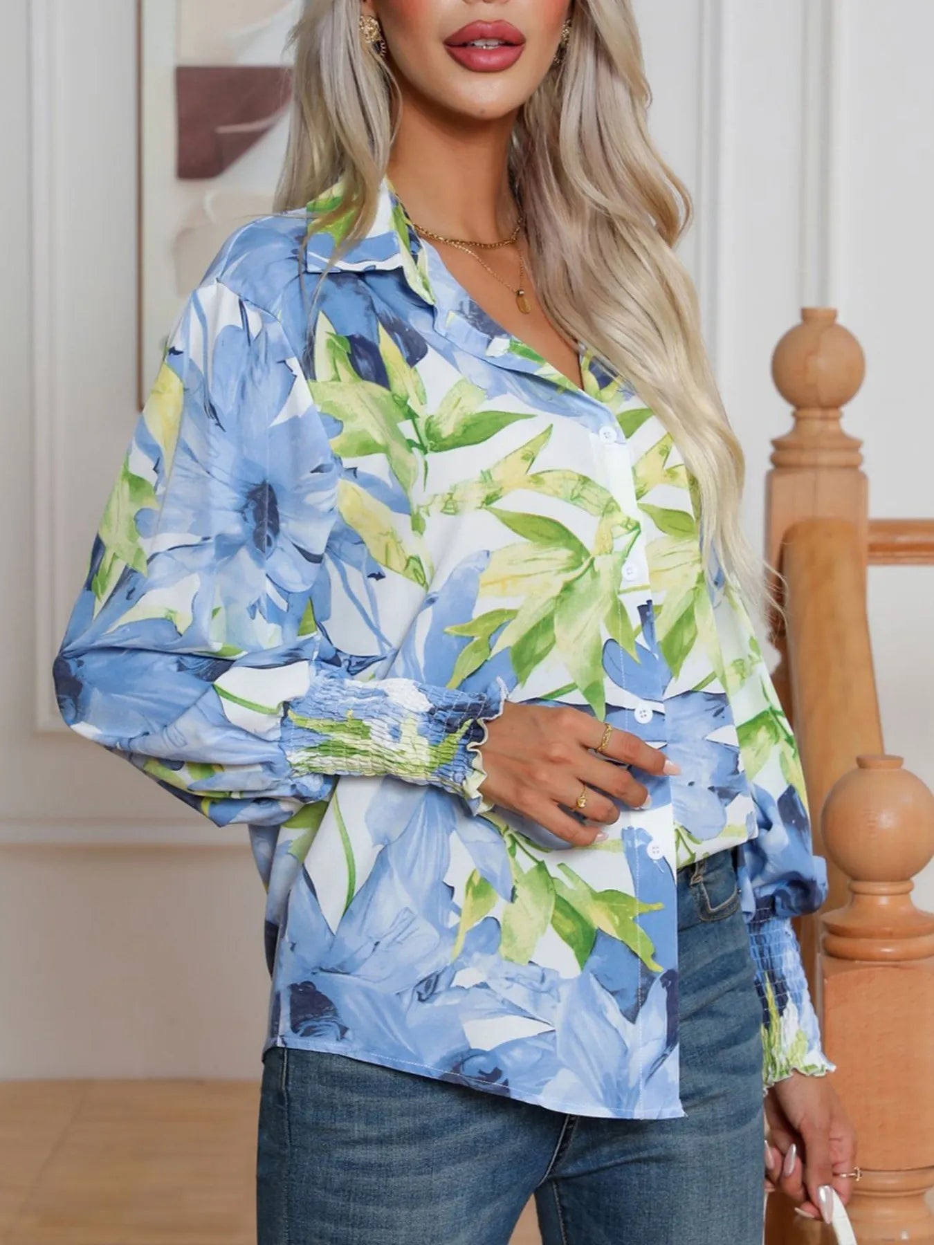 Printed Button Up Long Sleeve Shirt - Fashorio