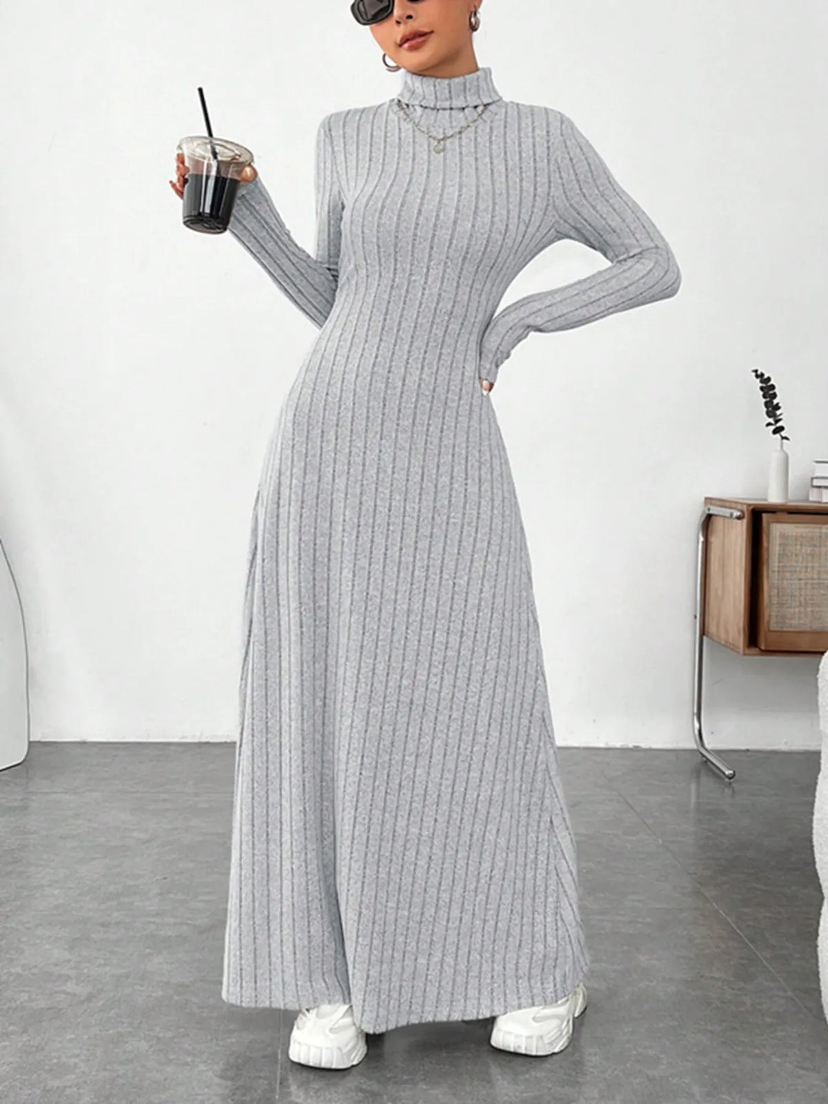 Gray Ribbed turtleneck maxi sweater dress, neckline detail