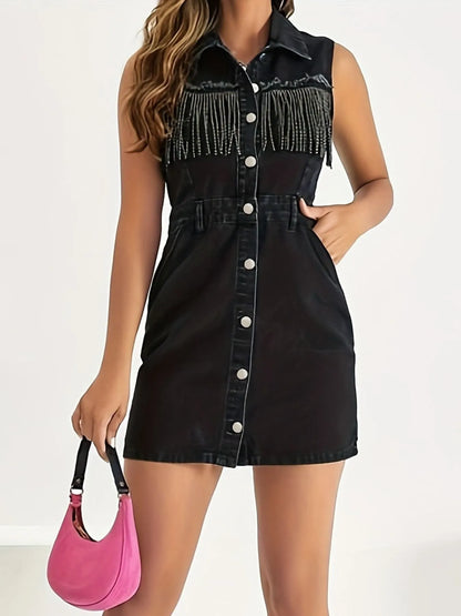 Fringe Detail Button-Front Mini Dress - Fashorio
