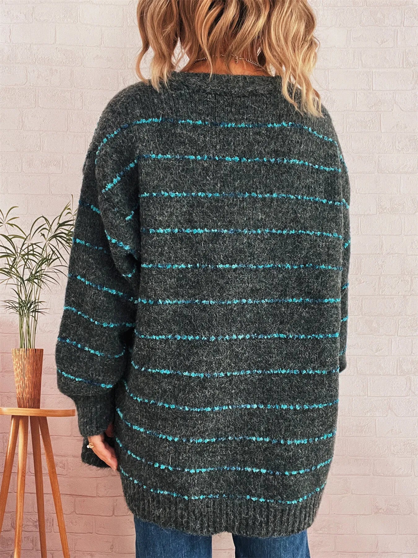 Striped Button-Up Cardigan with V-Neck Design - Fashorio