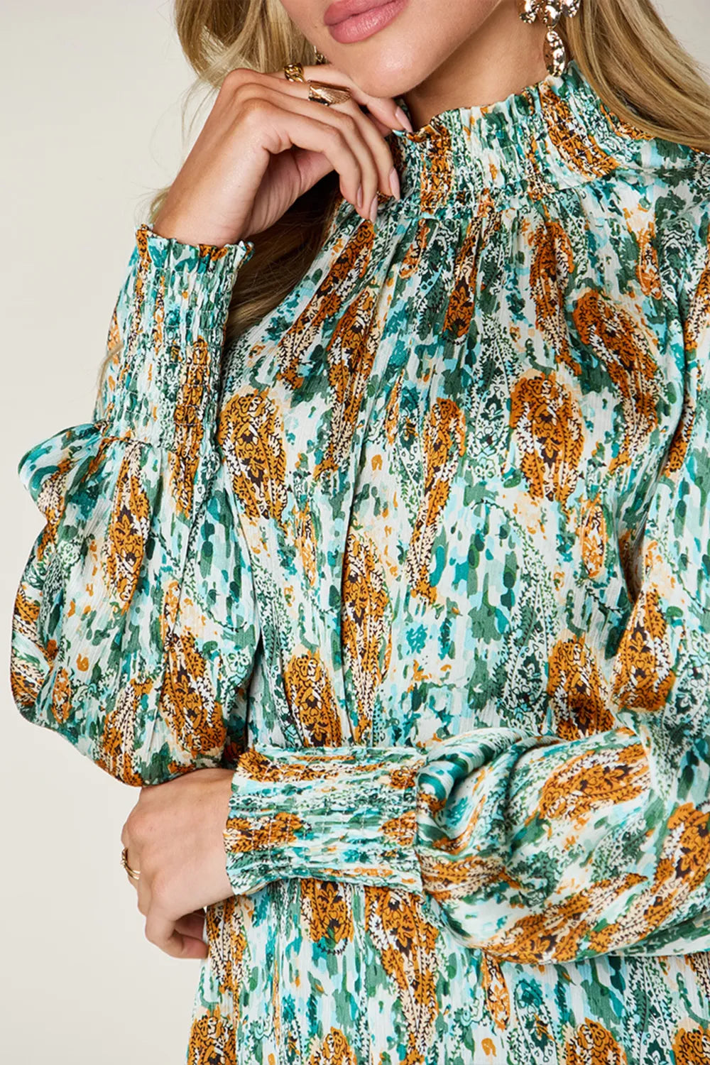 Double Take Printed Frill Smocked Long Sleeve Blouse, view 31
