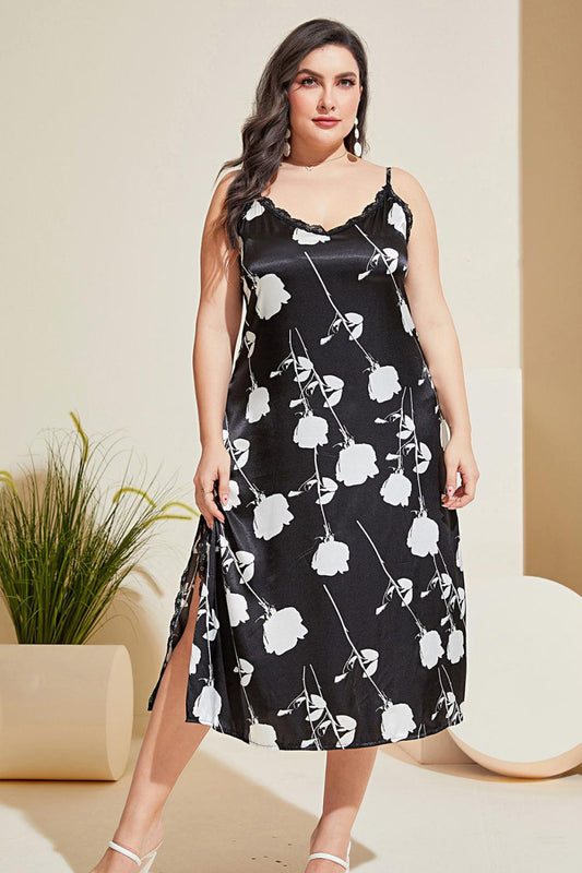 Plus Size Floral Lace Trim Side Slit Night Dress Black - Fashorio