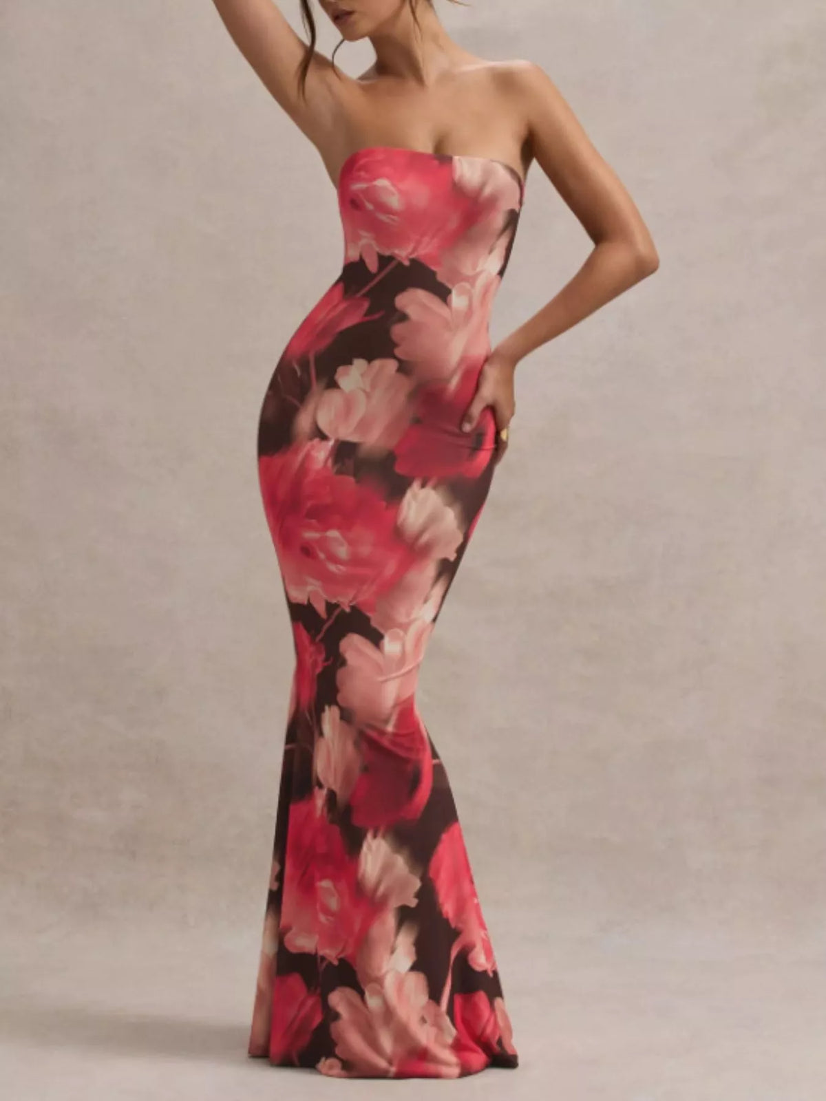 strapless tube bodycon maxi dress side view