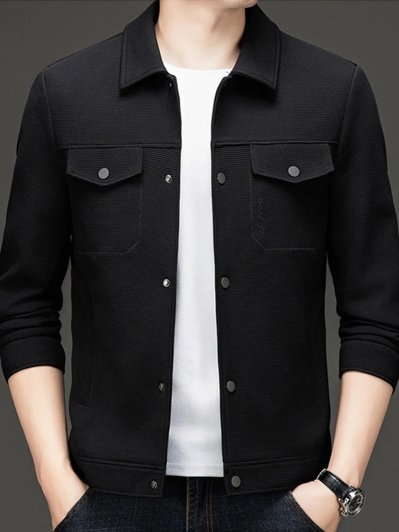 Men's Plus Size Button Up Long Sleeve Jacket Black - Fashorio