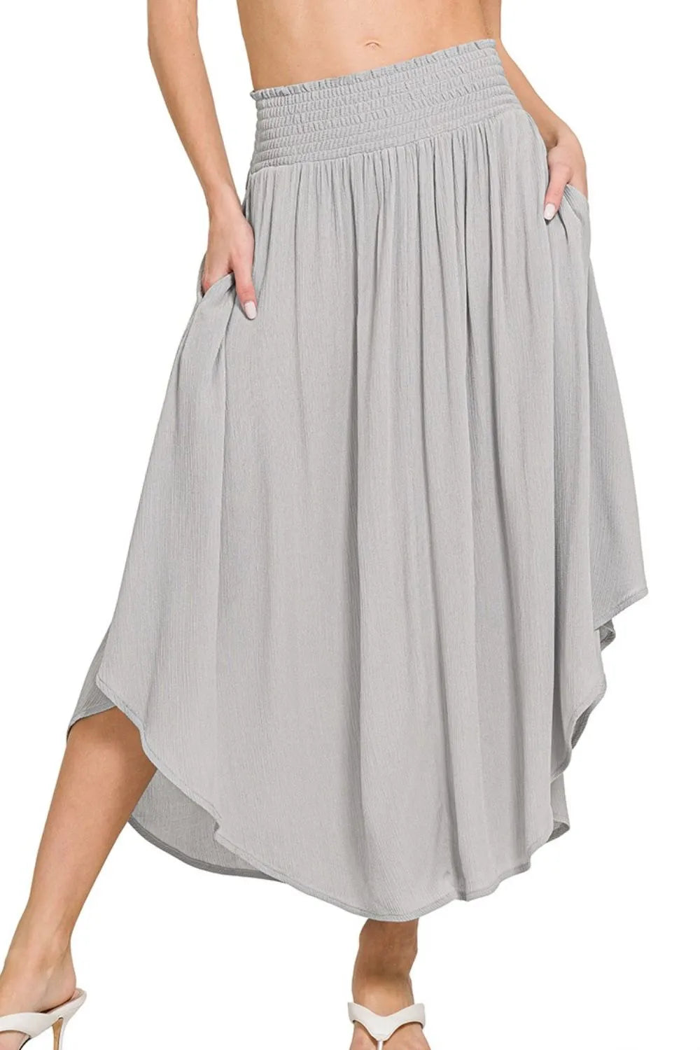 Zenana Woven Crinkle Smocked Waist Maxi Skirt W Pockets LT GREY - Fashorio