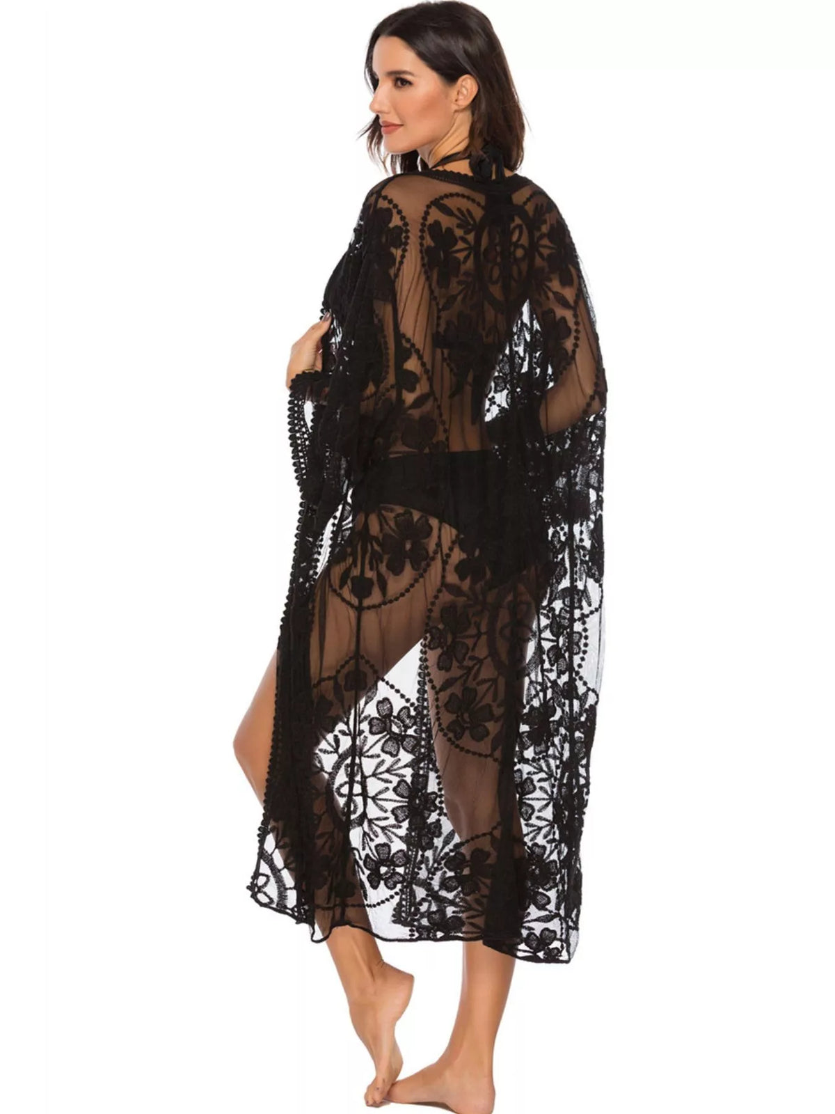 Floral lace sheer kimono cover up side view