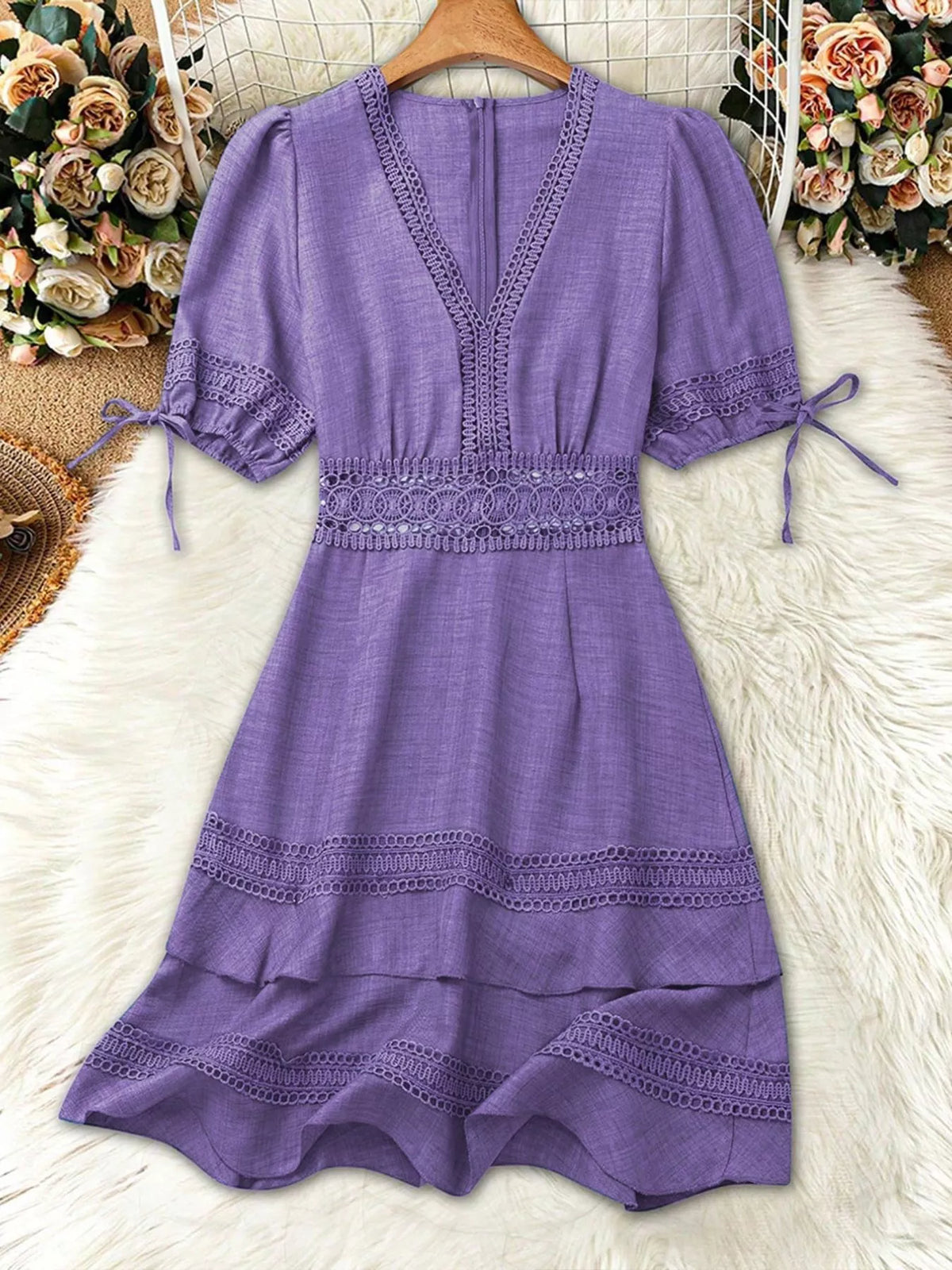V neck ruffled dress standing pose