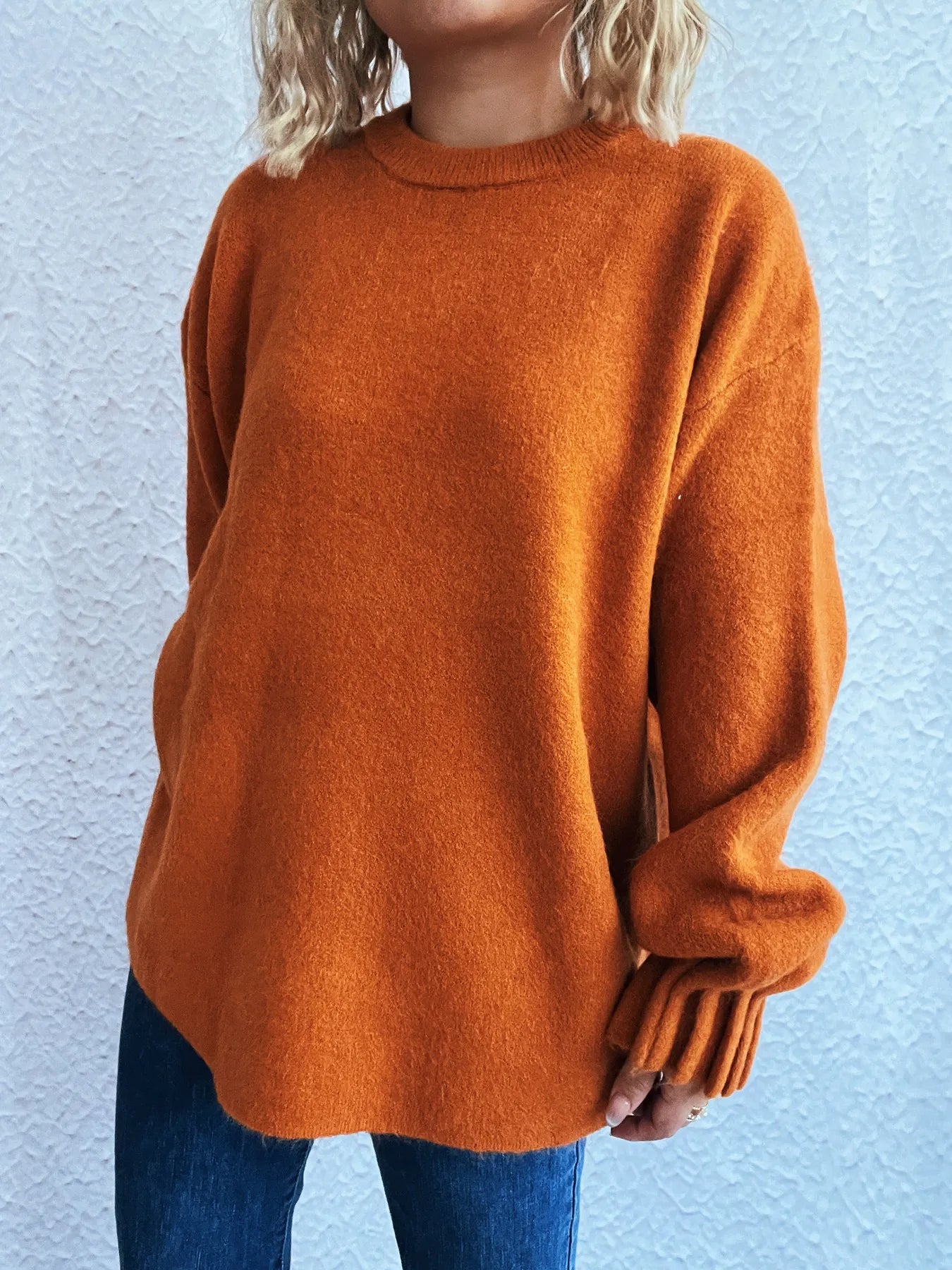 Round Neck Dropped Shoulder Sweater - Fashorio