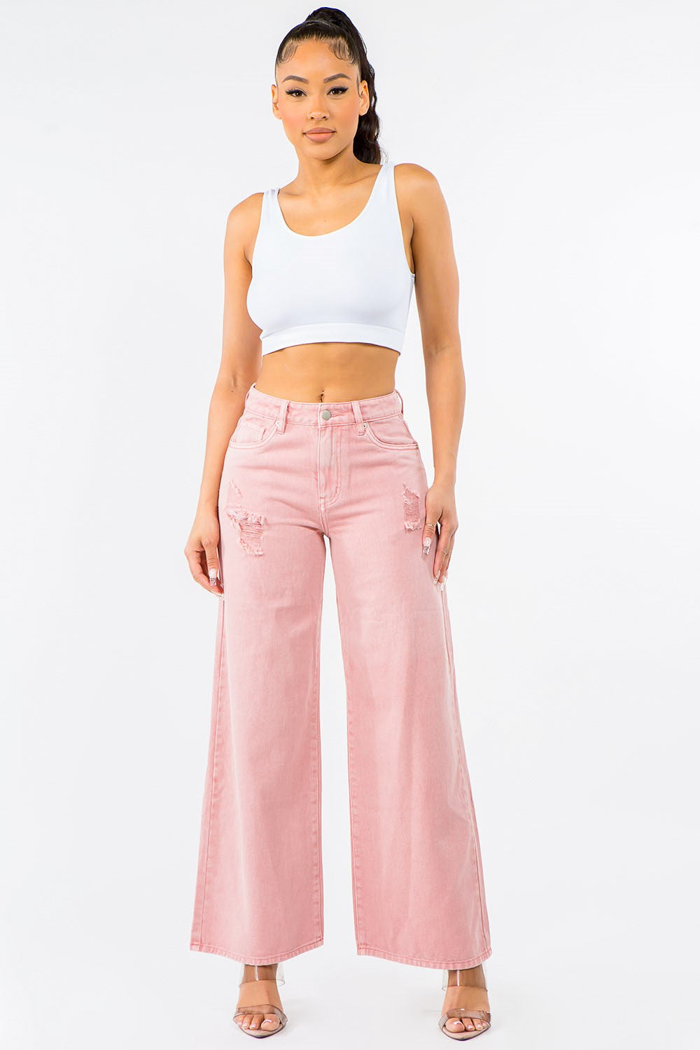 American Bazi High Waist Distressed Wide Leg Jeans - Fashorio