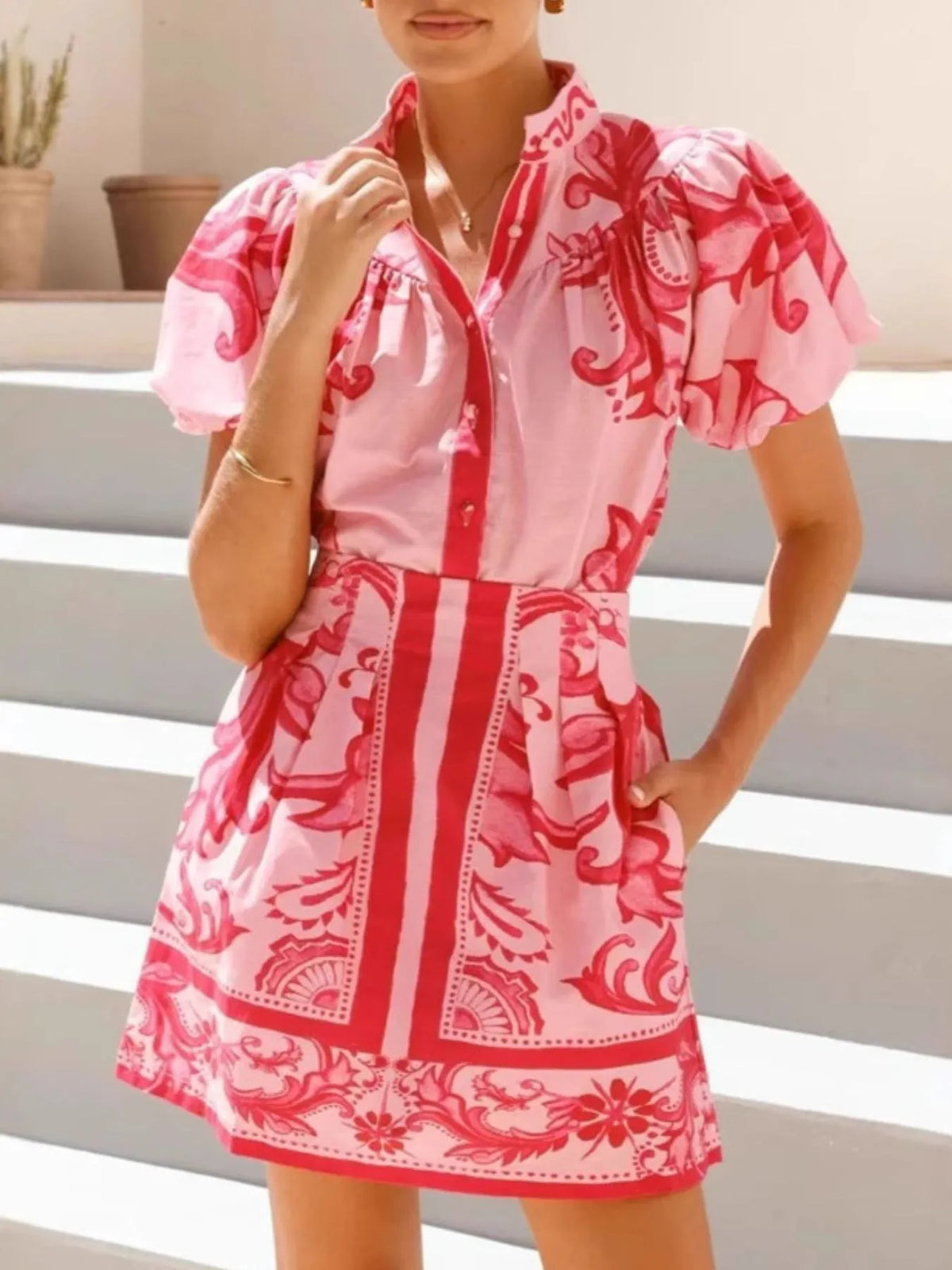 Printed Puff Sleeve Top and Skirt Set, view 15