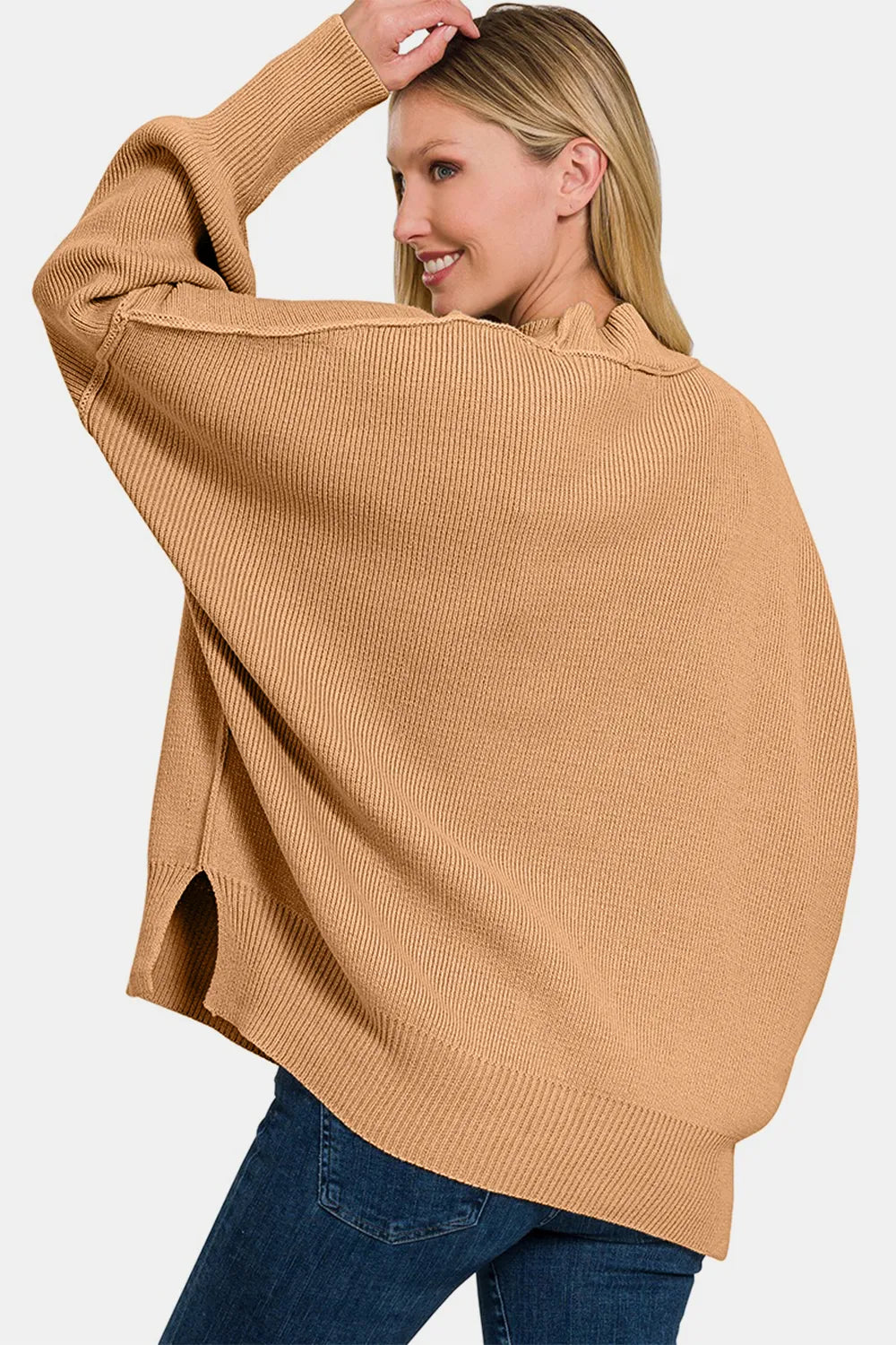 Oversized Side Slit Sweater in Dark Brown back view
