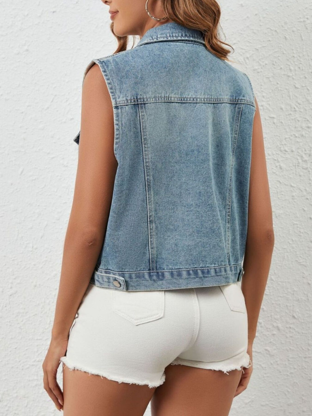 Rhinestone Sleeveless Denim Vest in Light Blue styled look