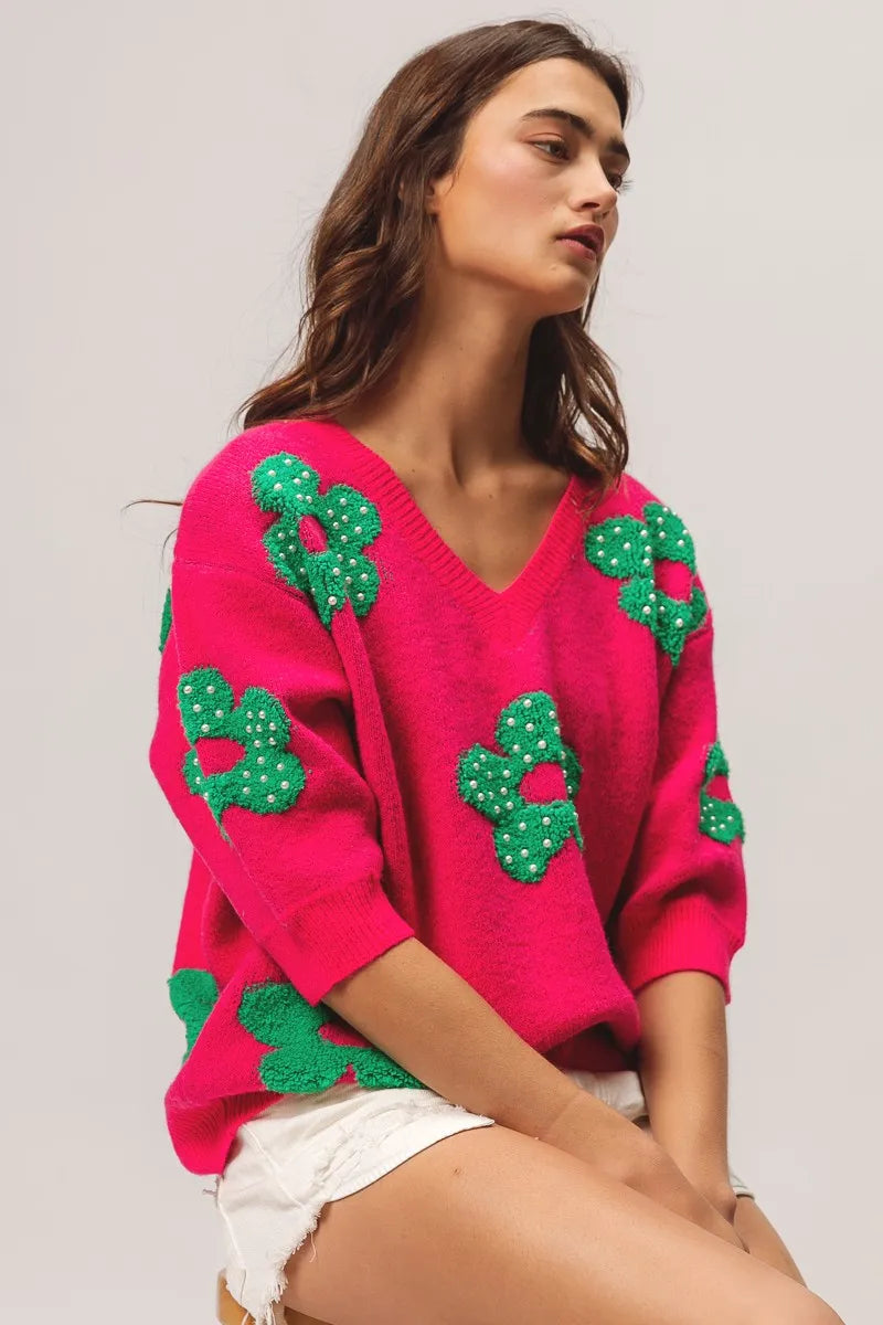 BiBi Pearl Beads Flowers Sweater Top - Fashorio