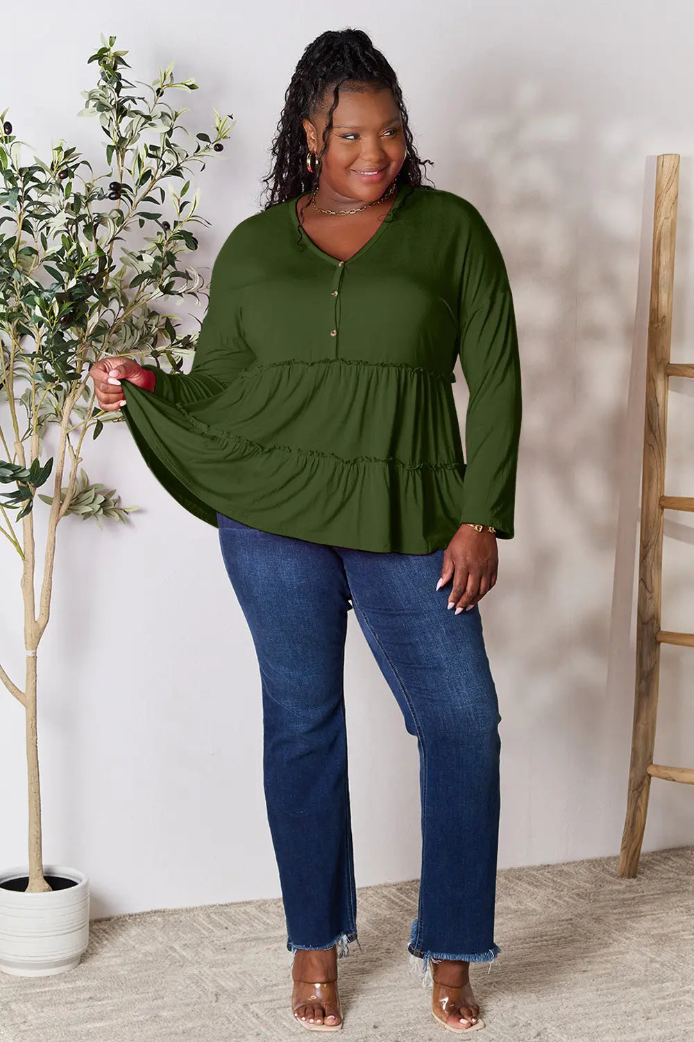 Double Take Half Button Long Sleeve Ruffle Hem Blouse - Fashorio