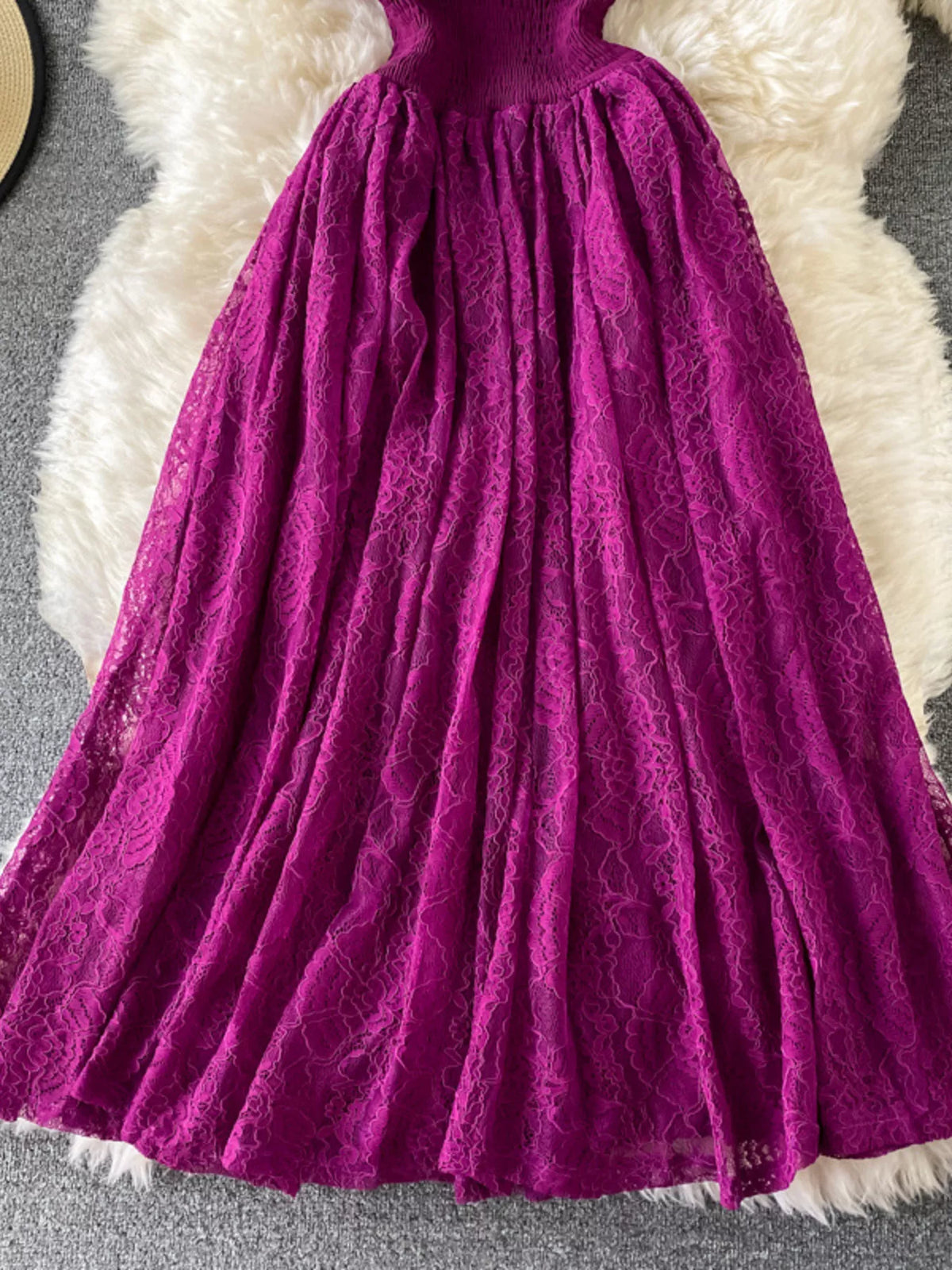 Ruffled mock neck lace maxi dress, close up view