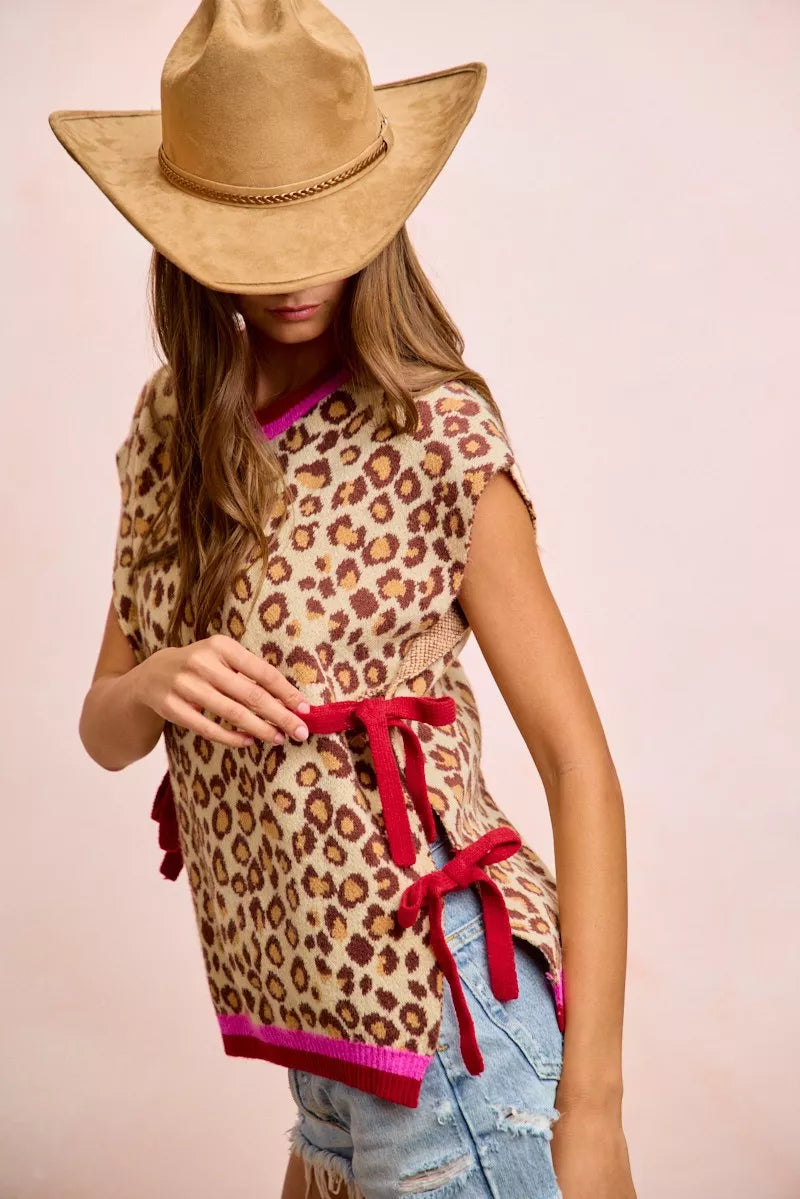 Leopard Print Side Tie Sweater Vest, view 15