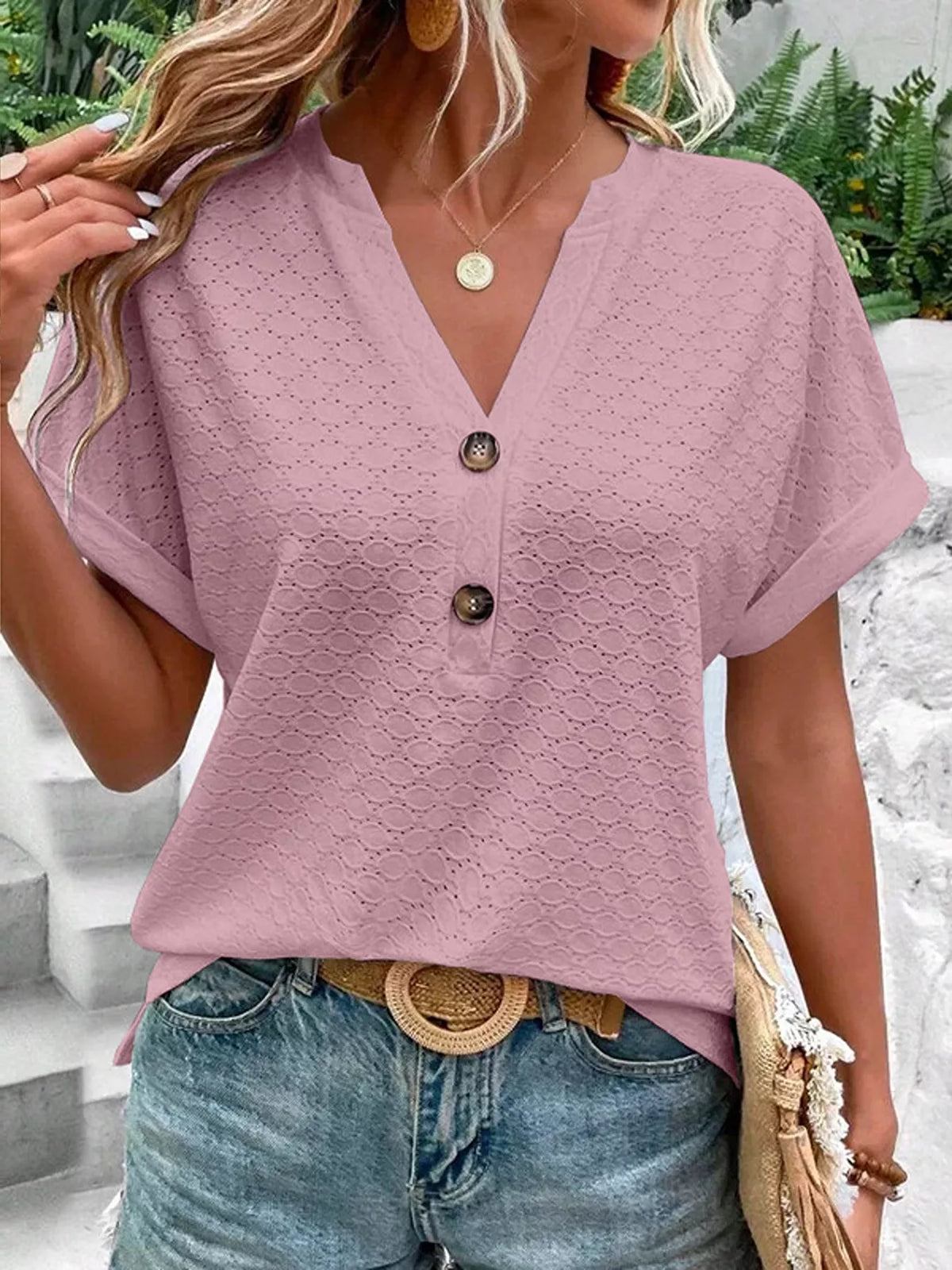 Button front top shown in a dusty pink colourway