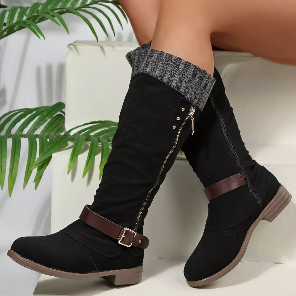 Purple round toe block heels boots front facing view