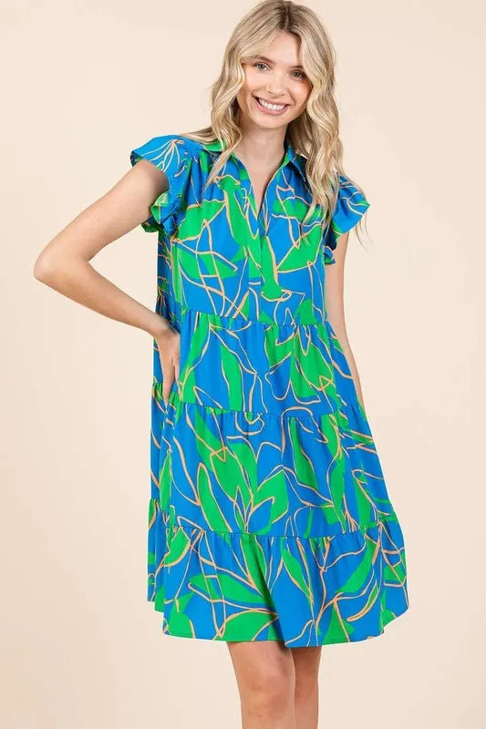 Leaf print ruffle sleeve tiered mini dress front view