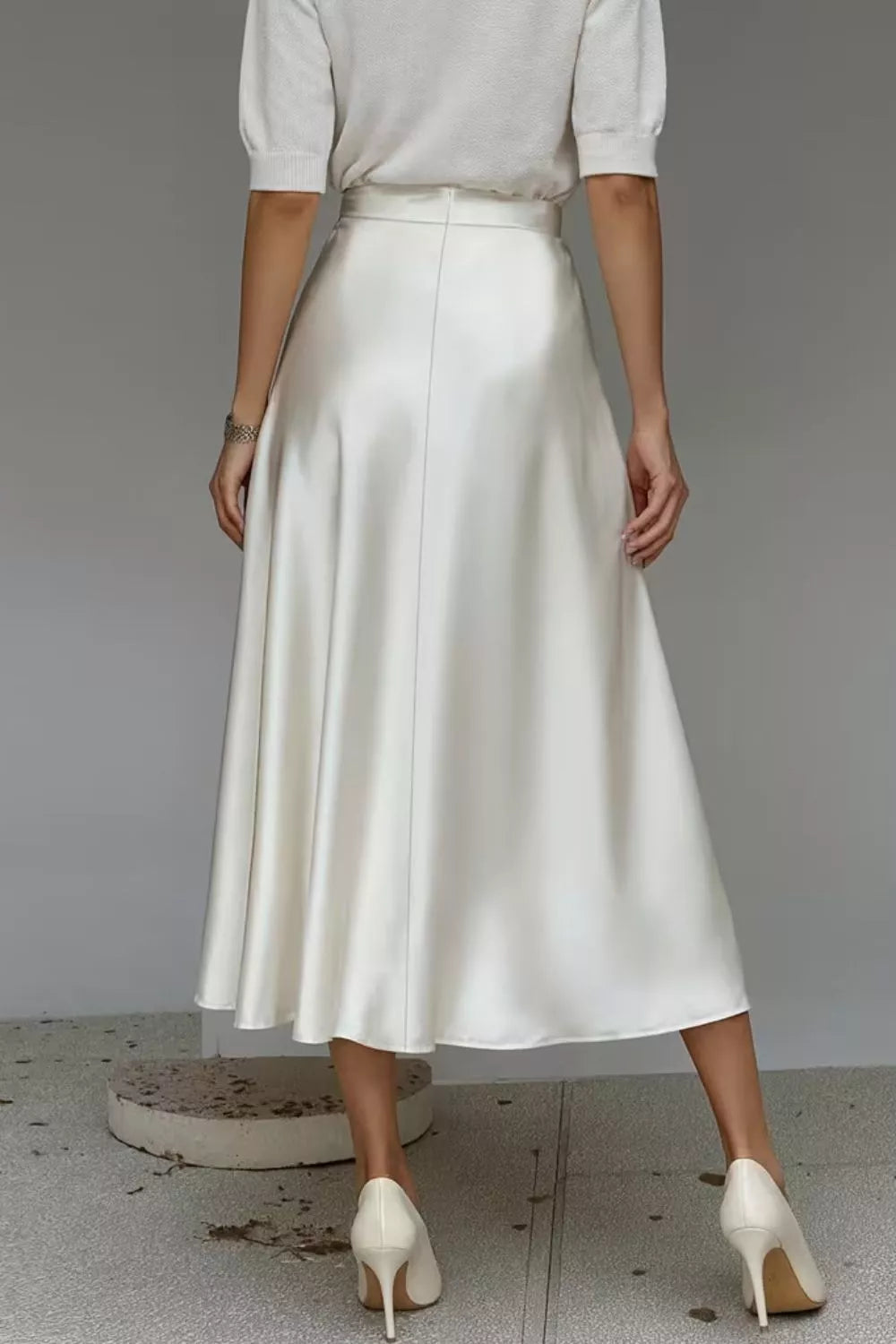 Satin A line midi skirt styled look