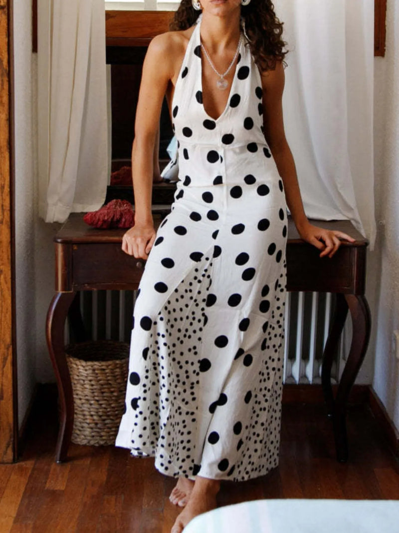 Backless halter polka dot maxi dress front view