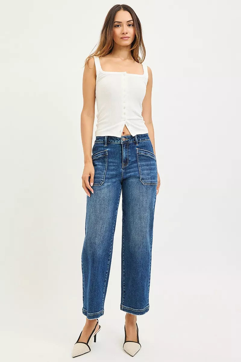 Model wearing RISEN slouchy cropped jeans casual outfit