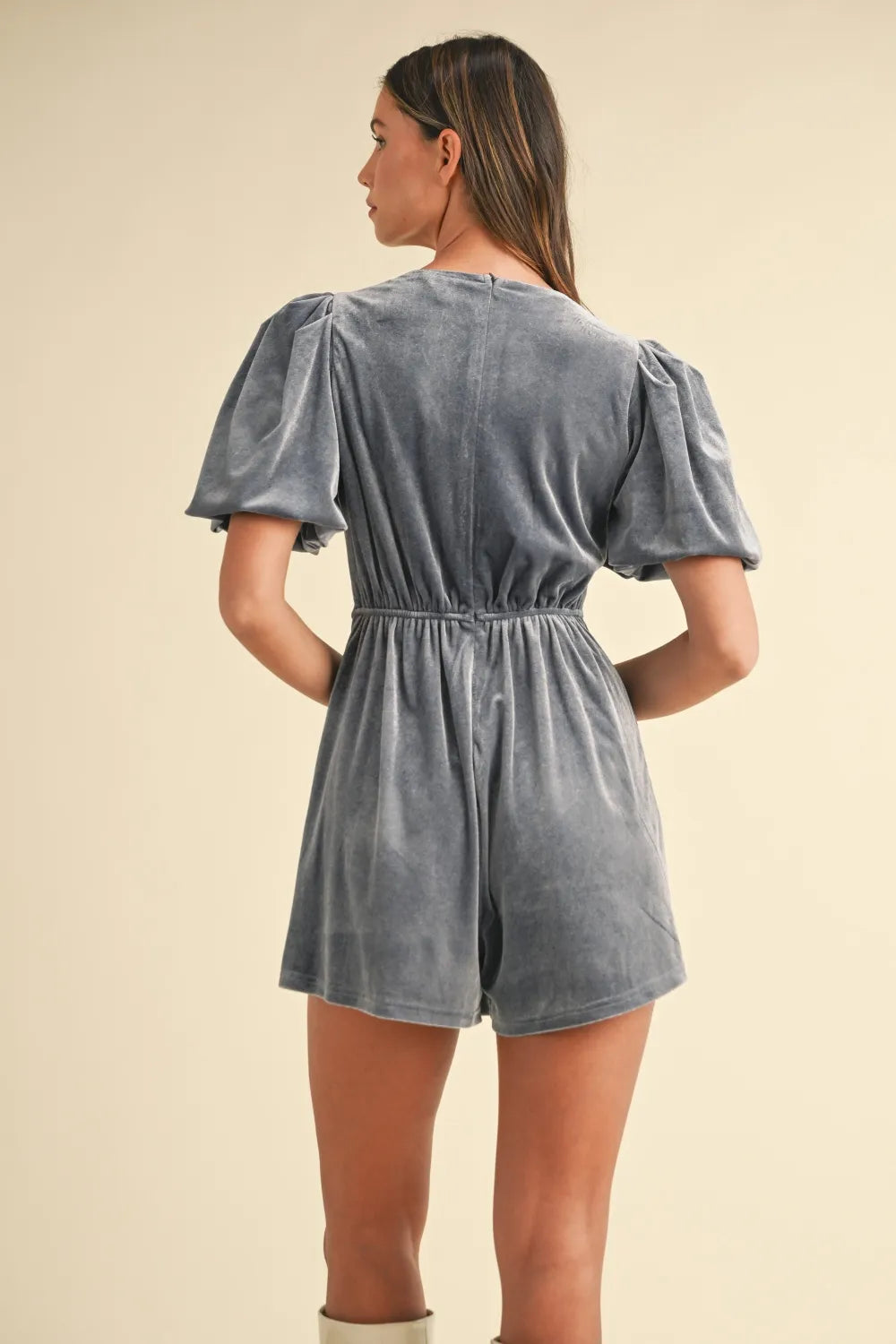 Jewel Bow Decor Puff Sleeve Velvet Romper back view