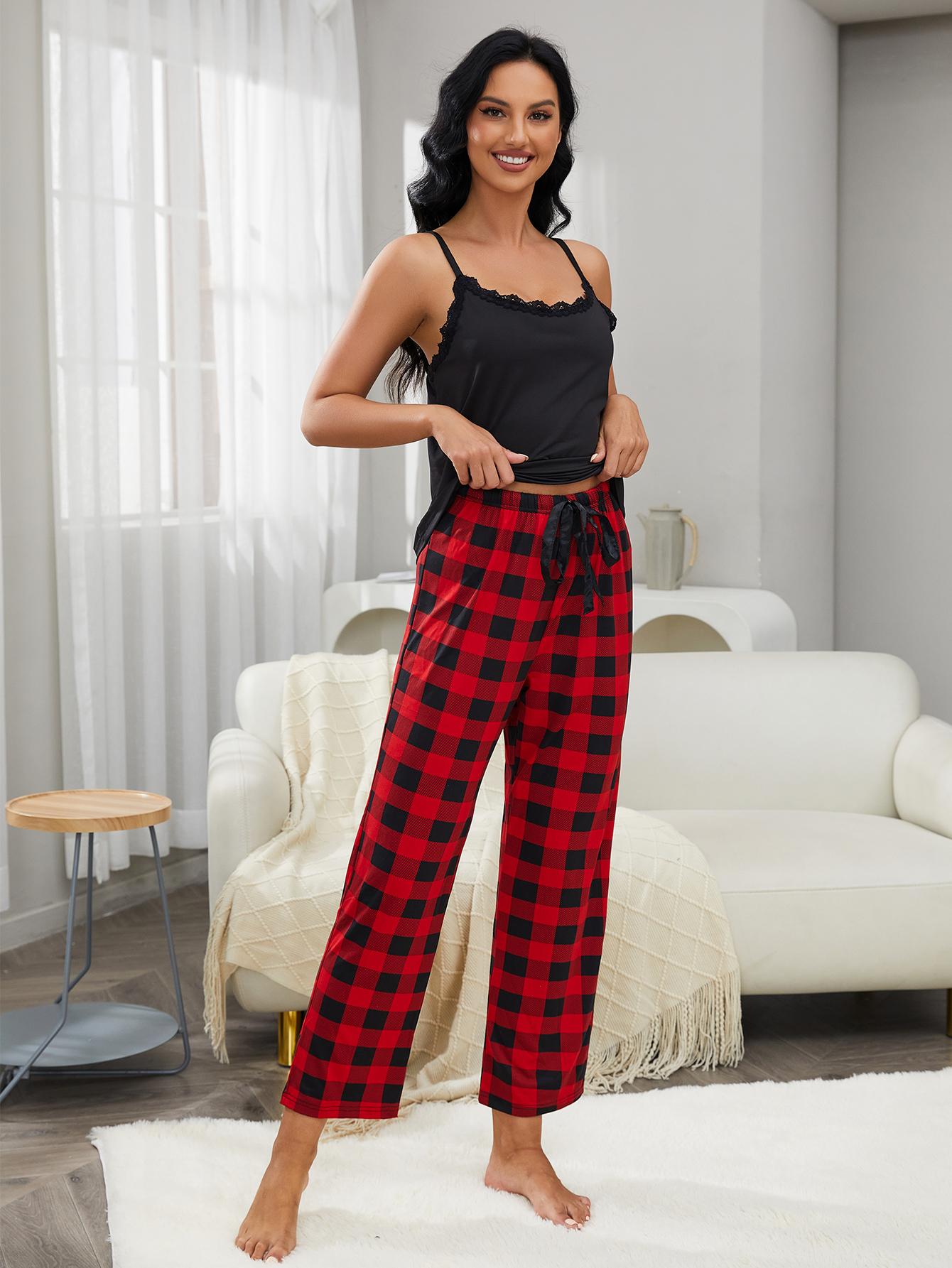 Lace Trim Cami and Plaid Pants Lounge Set - Fashorio