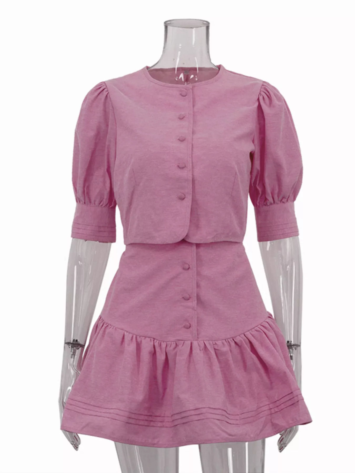 Fuchsia pink ruffled skirt set back view