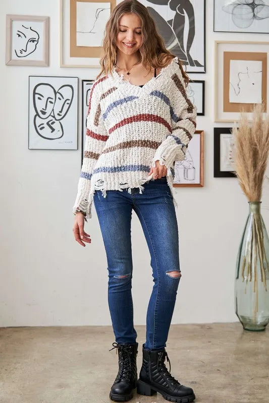 Frayed Edge Stripe Sweater in Beige close up