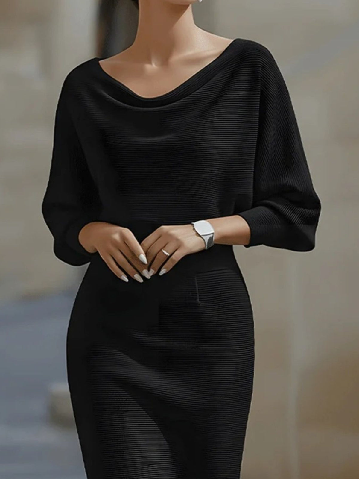 Cowl neck knit bodycon dress full length styling