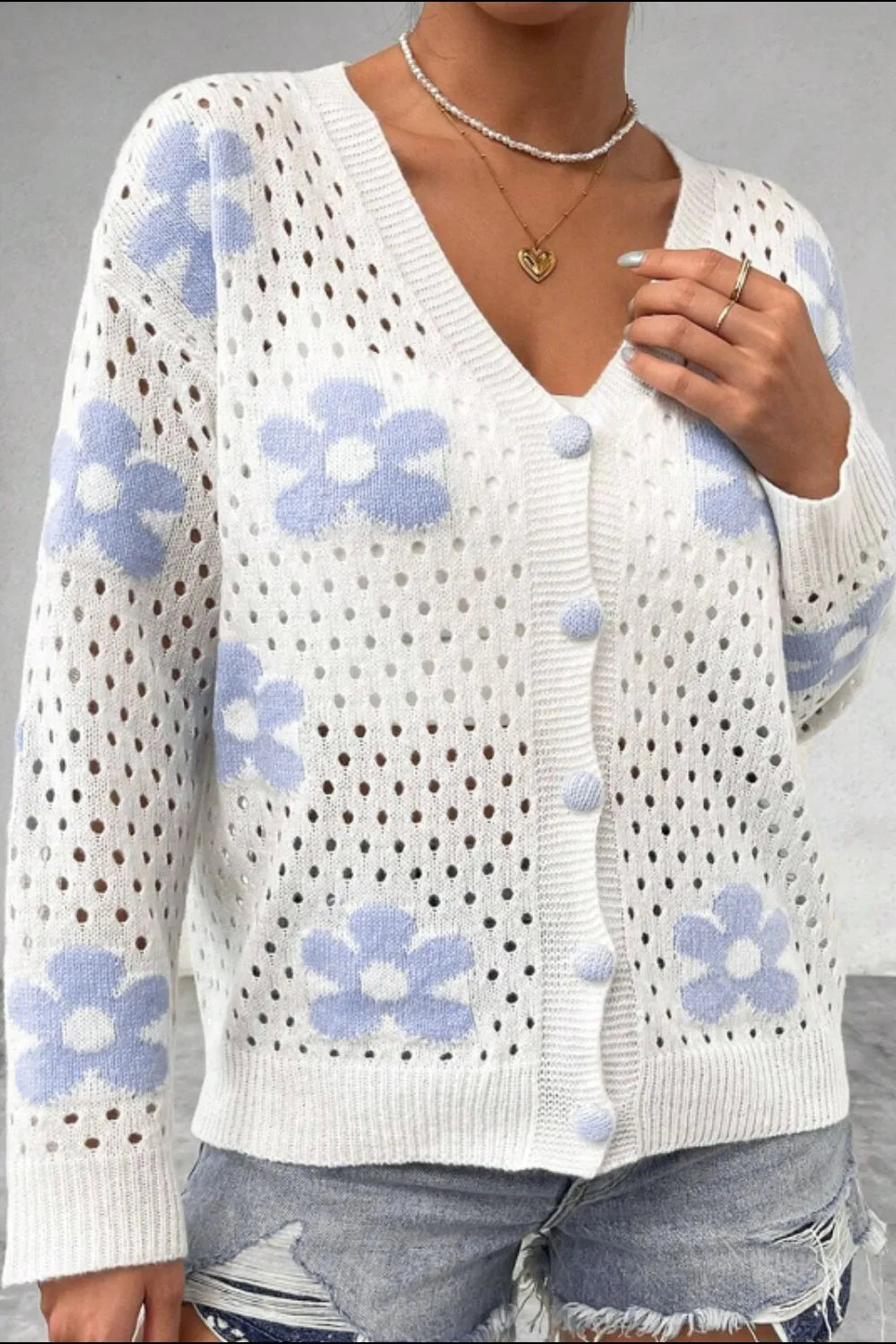 Flower Hollowed Out Button Down Long Sleeve Cardigan - Fashorio