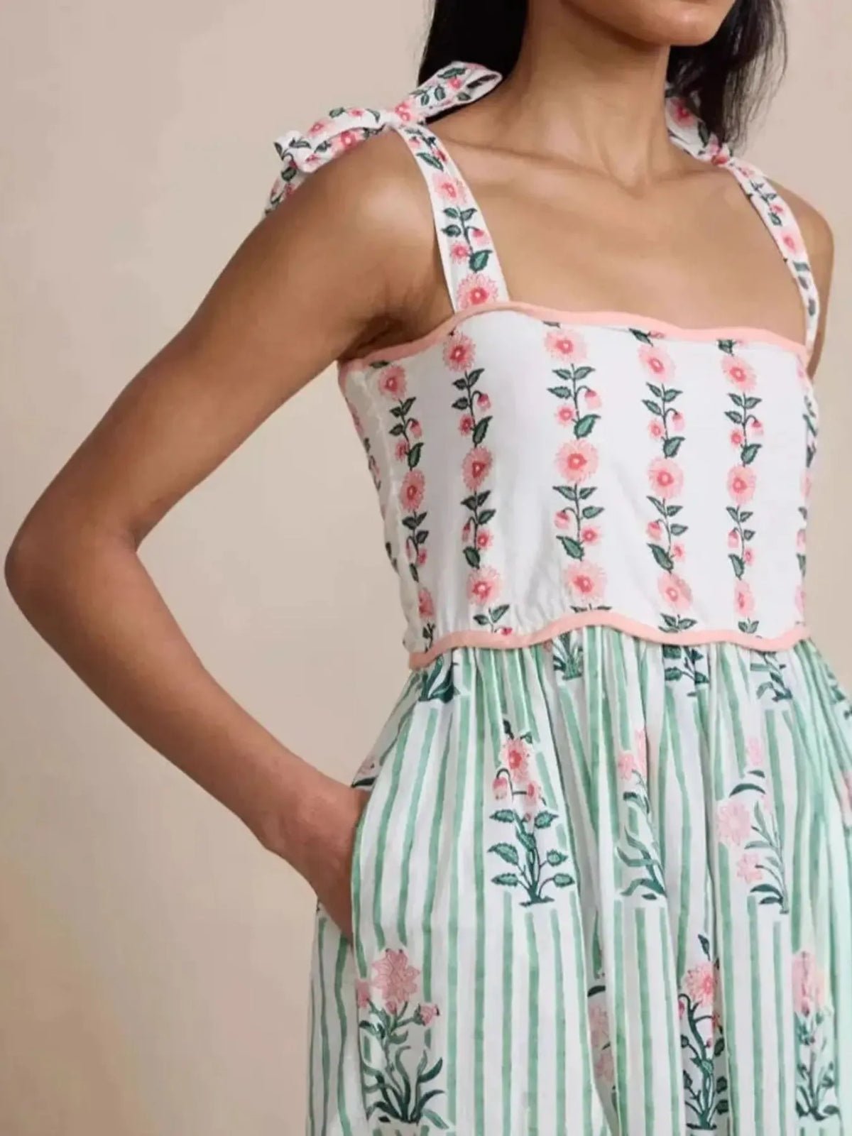 Floral striped cami maxi dress detail view