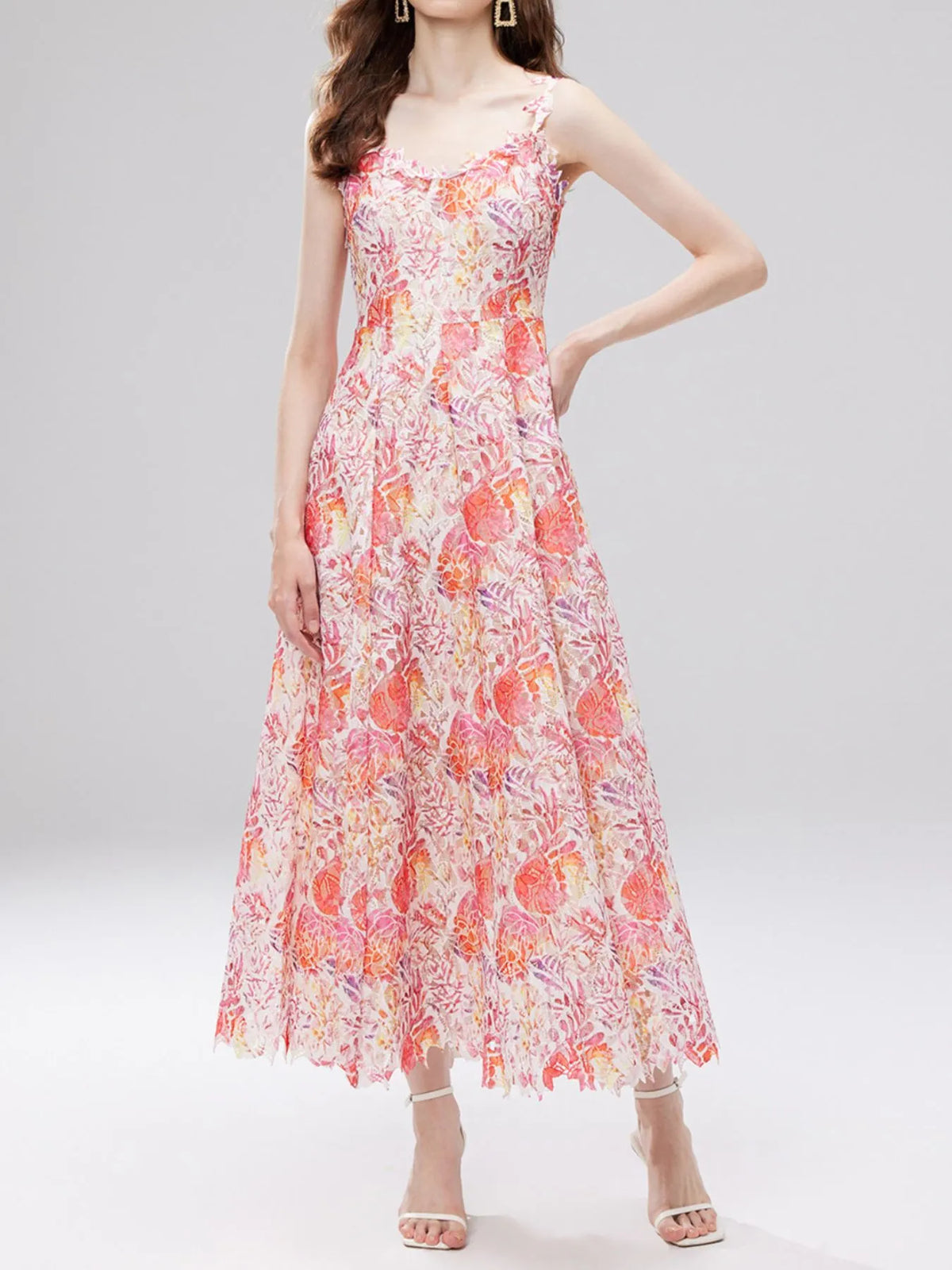 Floral Lace Sleeveless V Neck Midi Dress neckline detail 20
