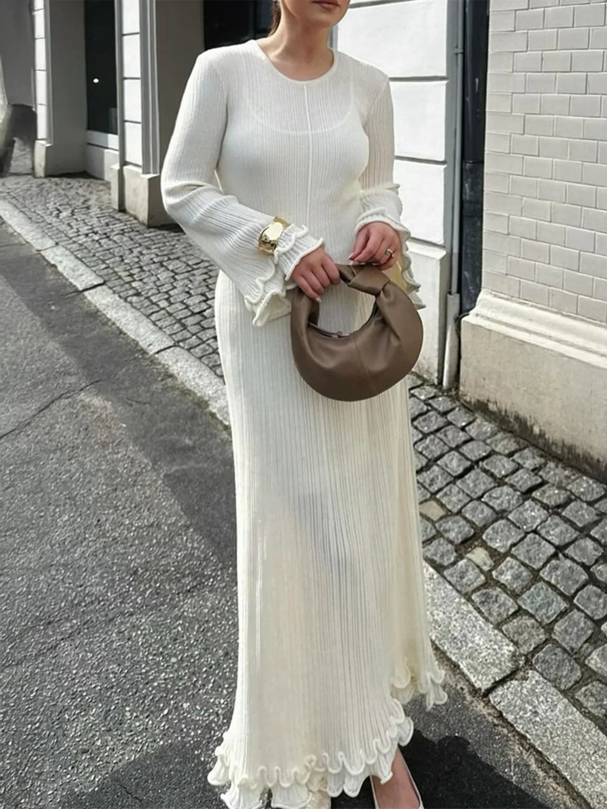 Ribbed long sleeve ruffle hem dress in white back view