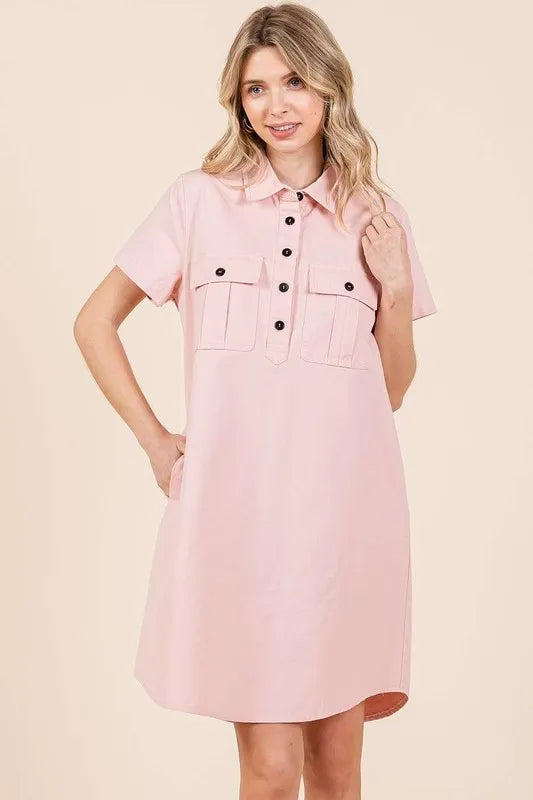 Button Detail Collared Neck Short Sleeve Shirt Dress side view