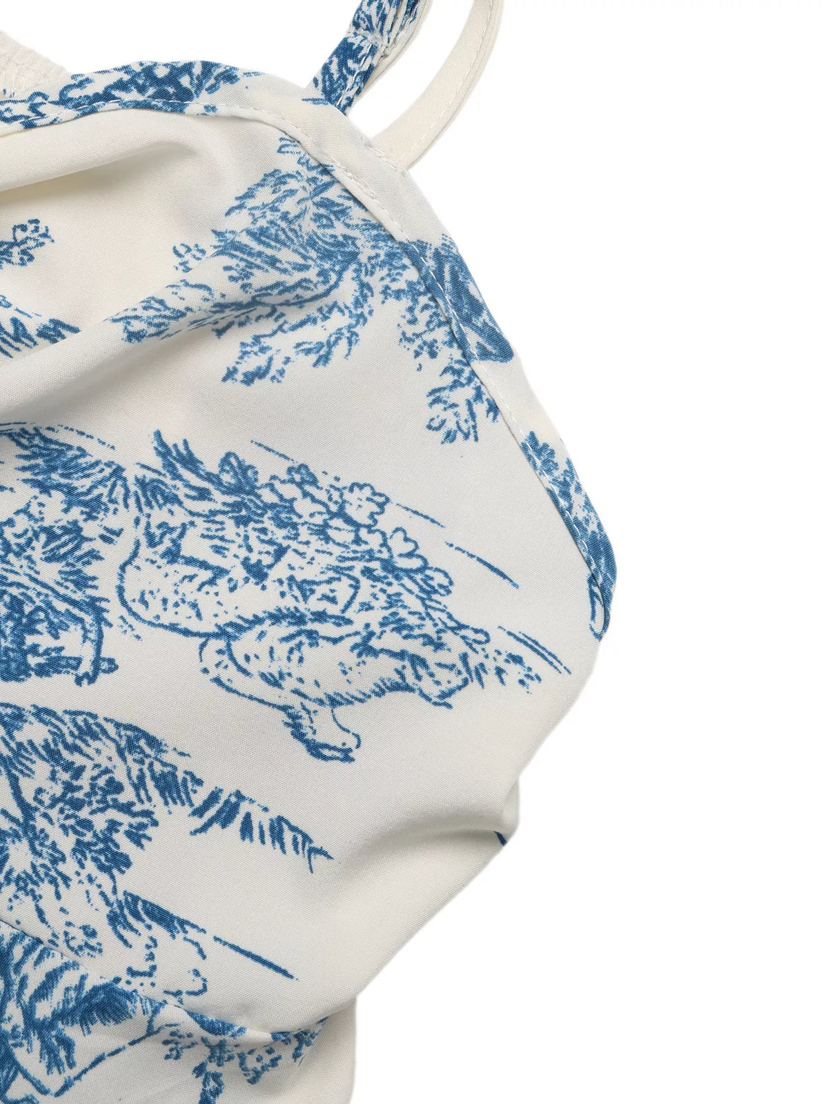 Blue floral ruffle hem cami front pose