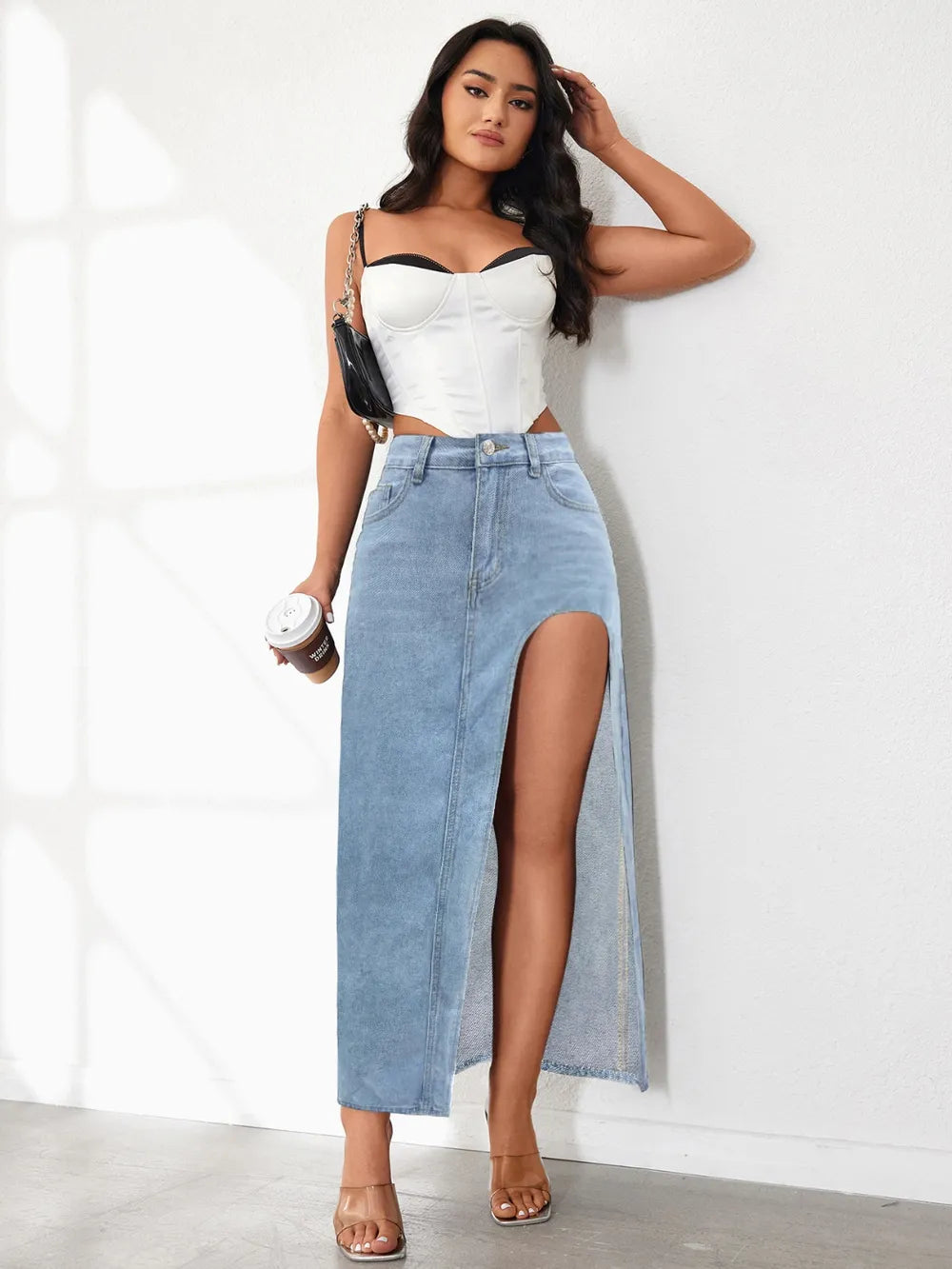 Denim skirt slit walking view