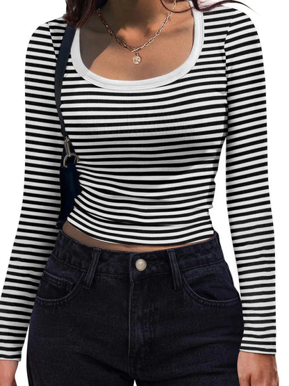 Striped Long Sleeve Scoop Neck T-Shirt - Fashorio