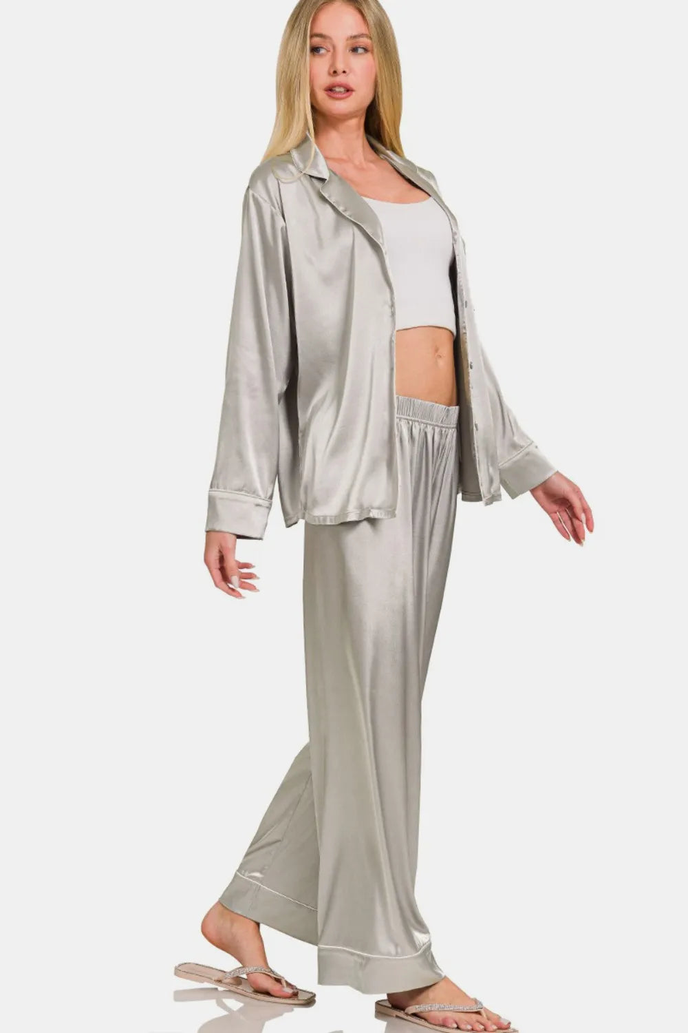 Zenana Satin Long Sleeve Shirt and Pants Pajama Set - Fashorio