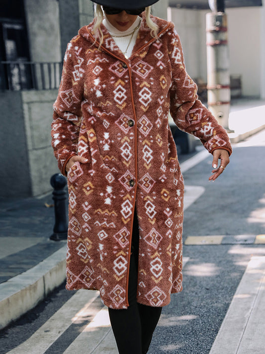 Geometric Button Down Hooded Fleece Coat Chocolate - Fashorio
