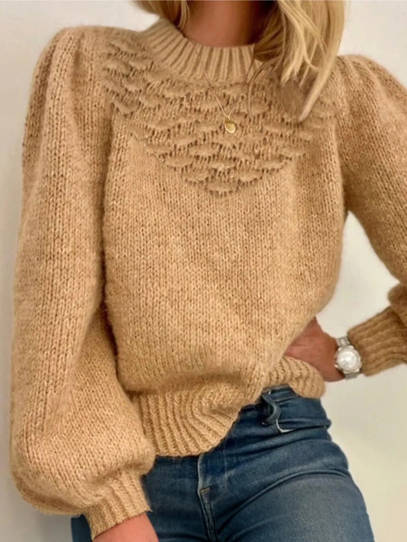 Textured Knit Round Neck Long Sleeve Sweater Khaki - Fashorio